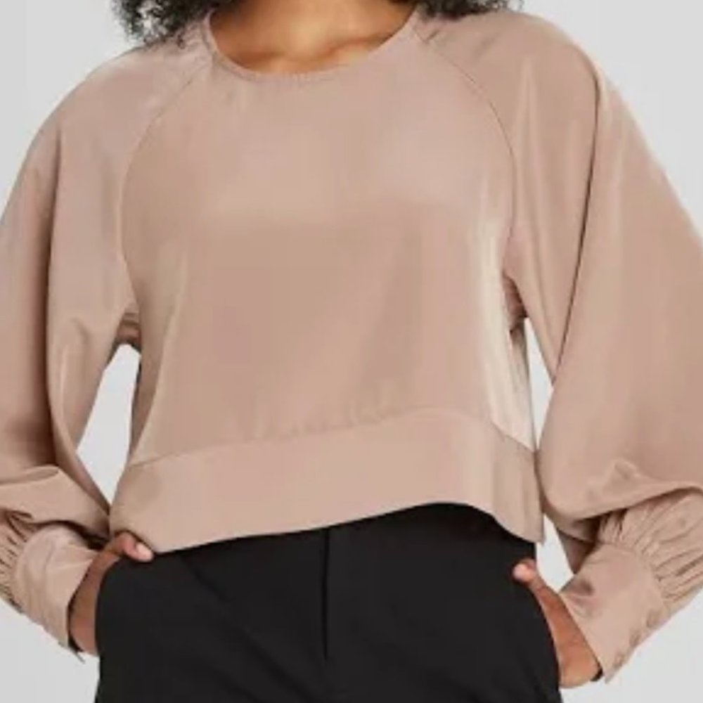 Prologue Taupe Satin Balloon-Sleeve Cropped Top
